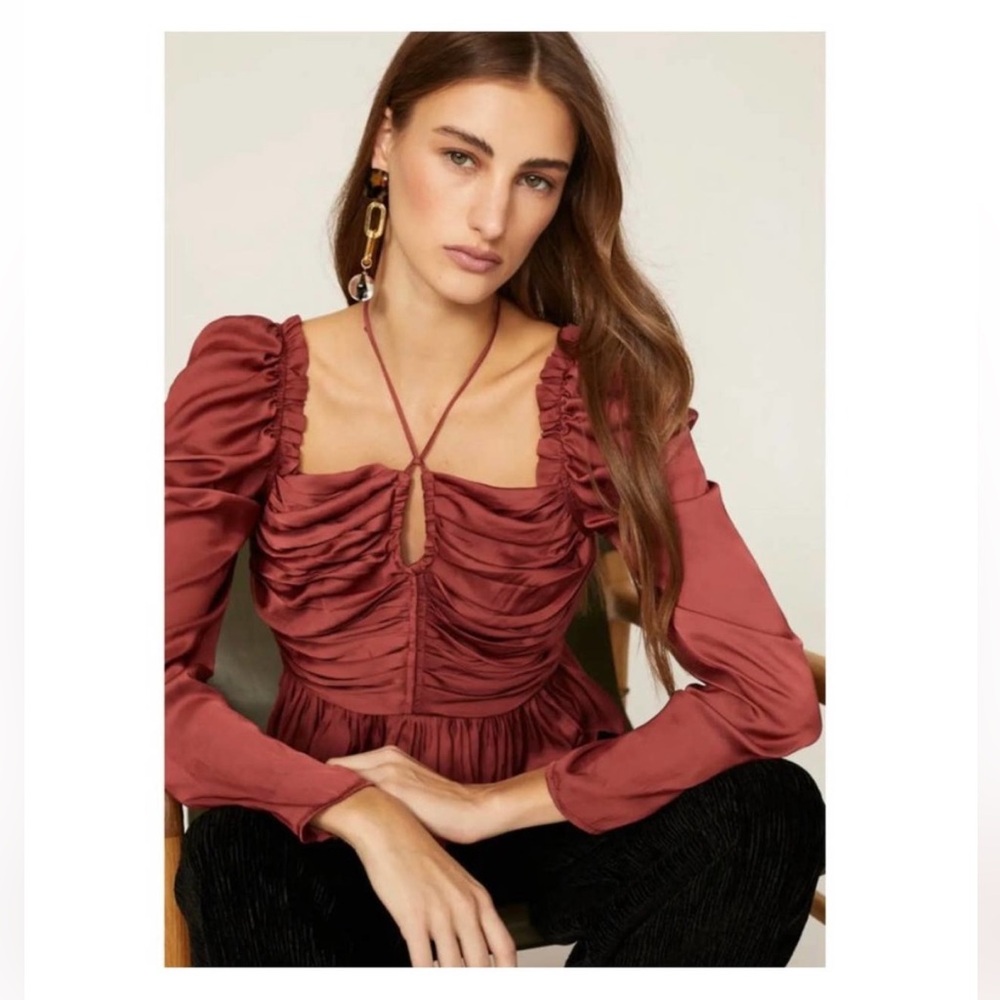 Ulla Johnson Mirelle Ruched Tie Neck Long Sleeve Blouse in Desert Rose size 8